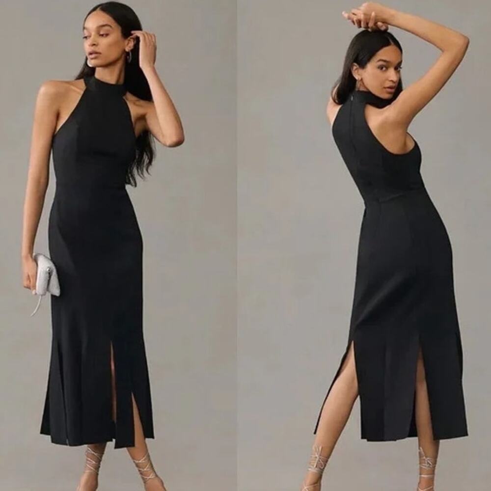 Anthropologie Halter Slit Fringe Midi Dress Sleeveless Linen Cotton Blend Black